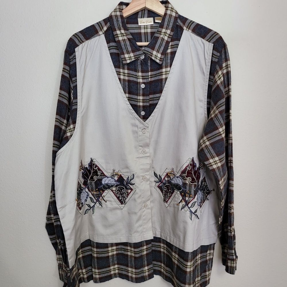 BOBBIE Brooks Men Plaid Button Down Vest Leaf Design Embroidered Pockets NWT VTG